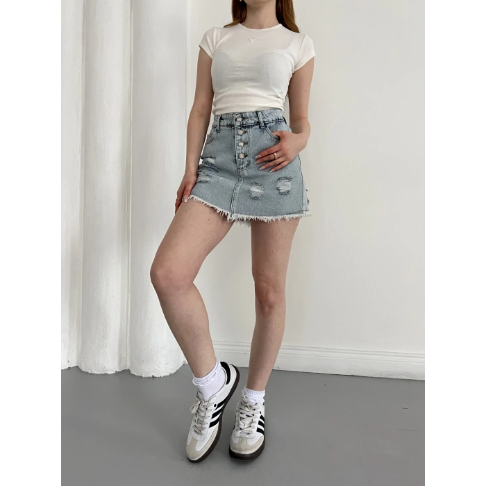 Yıkamalı Düğme Detaylı Denim Etek Mavi