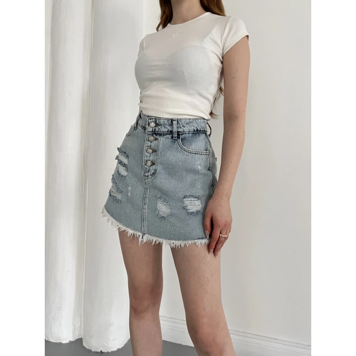Yıkamalı Düğme Detaylı Denim Etek Mavi