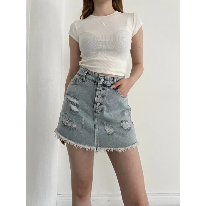 Yıkamalı Düğme Detaylı Denim Etek Mavi