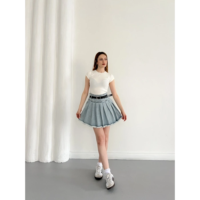 Kemer Detaylı Piliseli Denim Etek Mavi