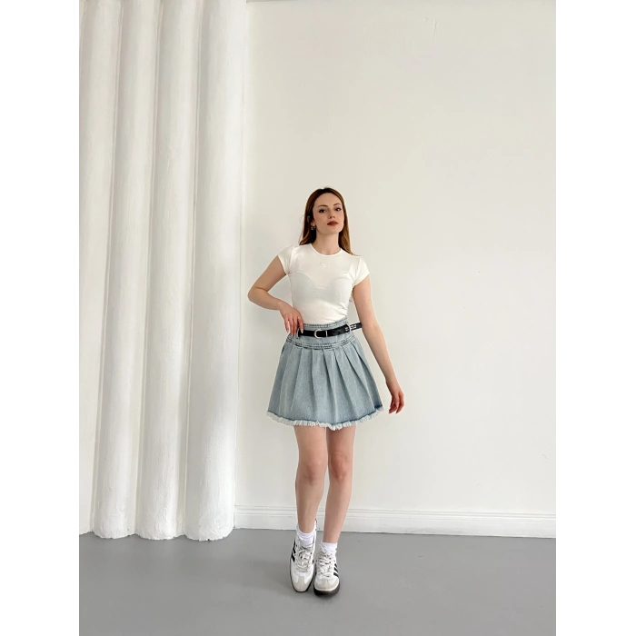 Kemer Detaylı Piliseli Denim Etek Mavi