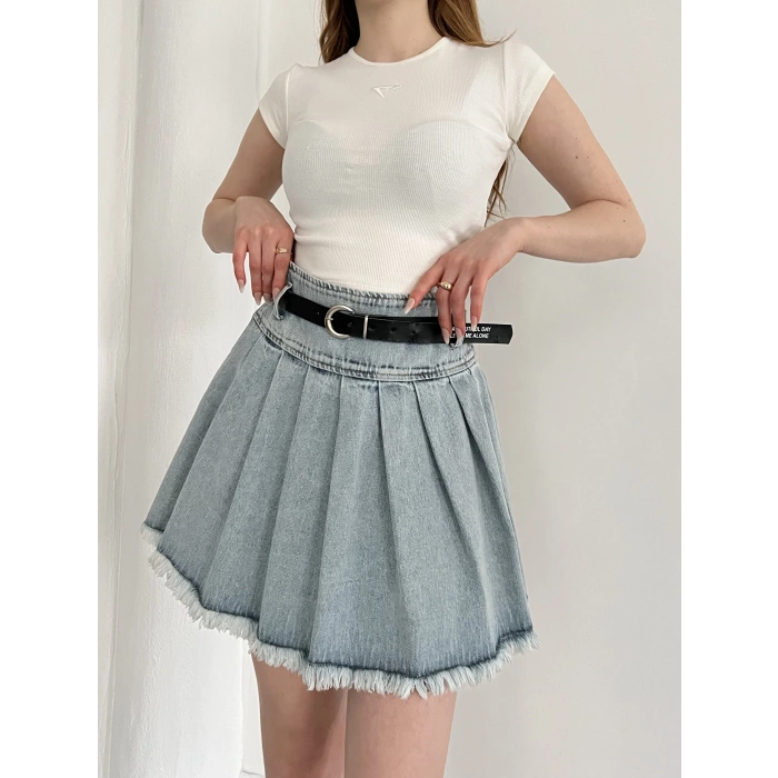 Kemer Detaylı Piliseli Denim Etek Mavi