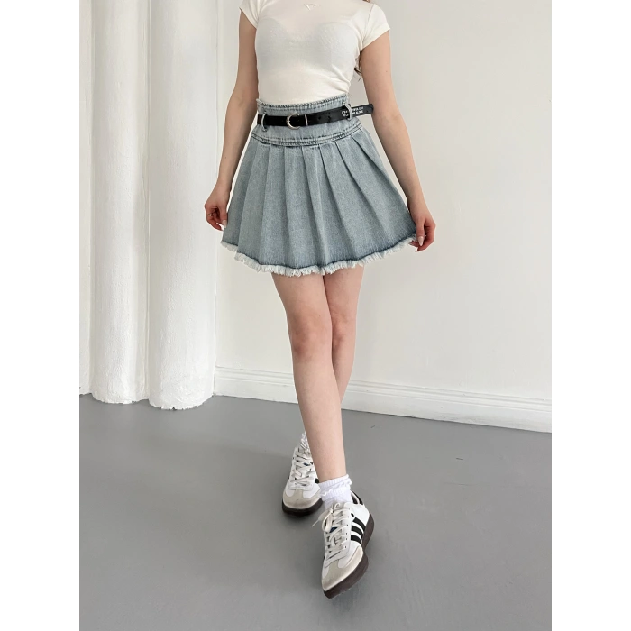 Kemer Detaylı Piliseli Denim Etek Mavi