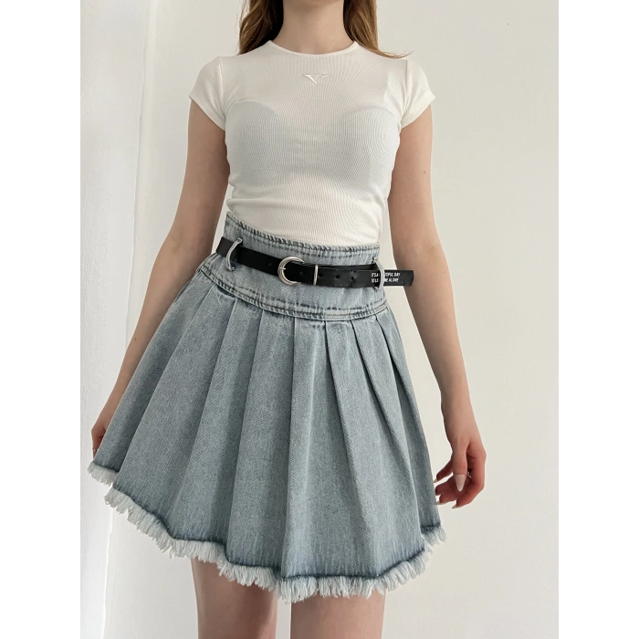 Kemer Detaylı Piliseli Denim Etek Mavi