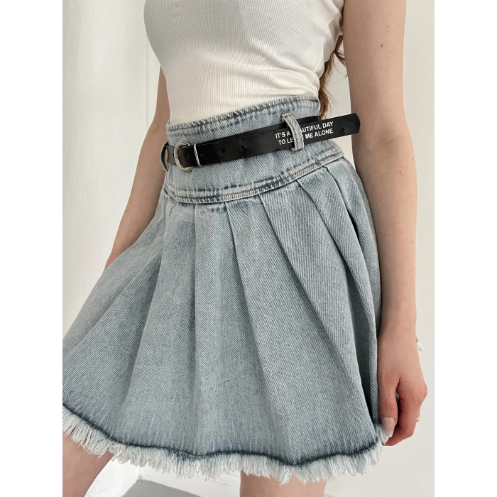 Kemer Detaylı Piliseli Denim Etek Mavi