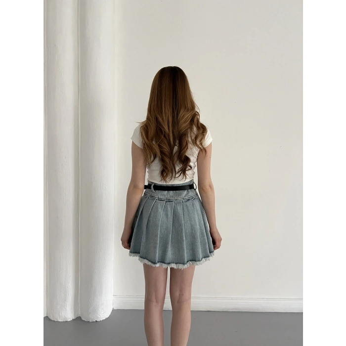 Kemer Detaylı Piliseli Denim Etek Mavi