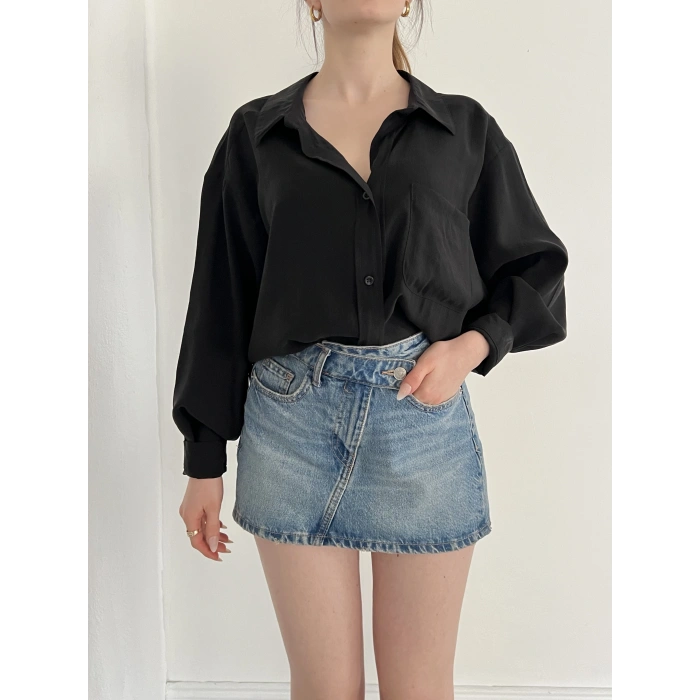 Cep Detaylı Oversize Salaş Crep Gömlek Siyah