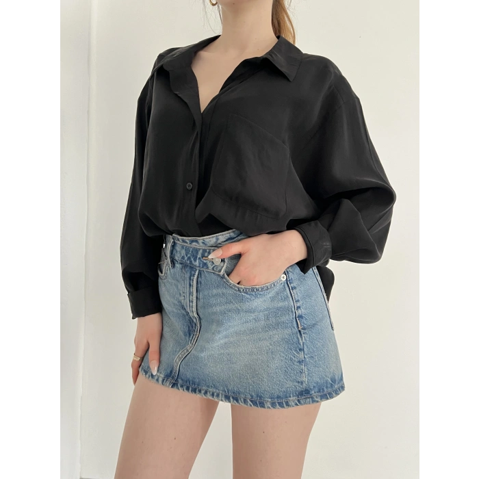 Cep Detaylı Oversize Salaş Crep Gömlek Siyah