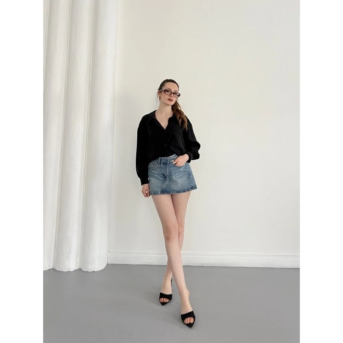 Cep Detaylı Oversize Salaş Crep Gömlek Siyah