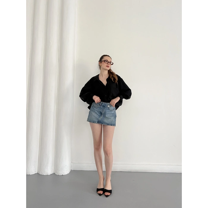 Cep Detaylı Oversize Salaş Crep Gömlek Siyah