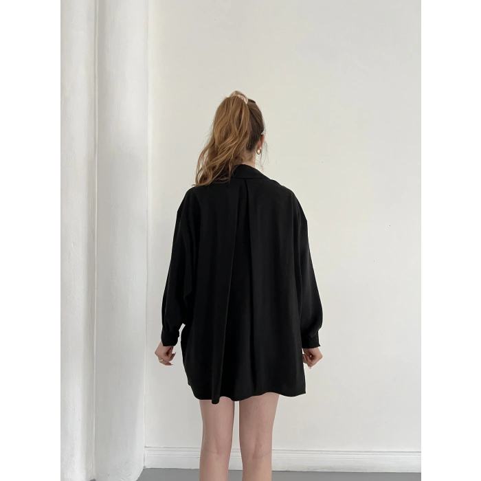 Cep Detaylı Oversize Salaş Crep Gömlek Siyah