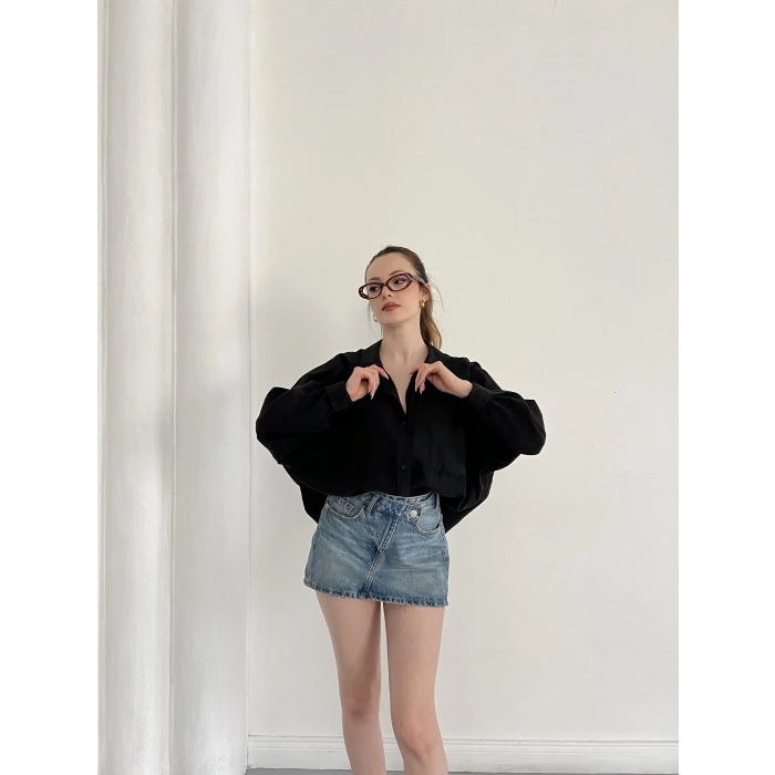 Cep Detaylı Oversize Salaş Crep Gömlek Siyah