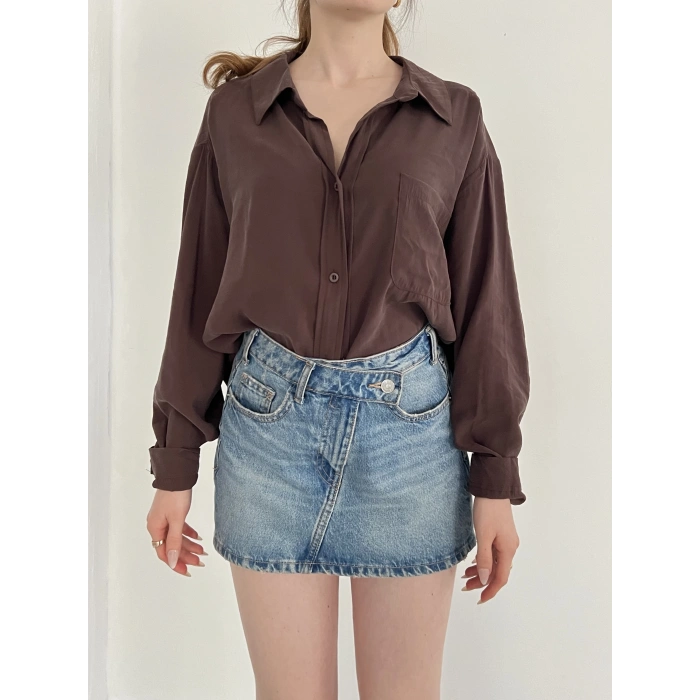 Cep Detaylı Oversize Salaş Crep Gömlek Kahve