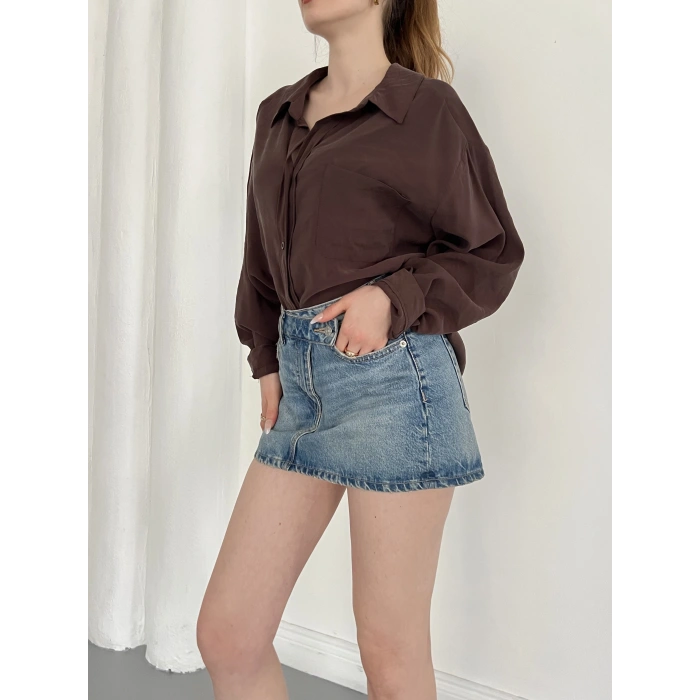 Cep Detaylı Oversize Salaş Crep Gömlek Kahve