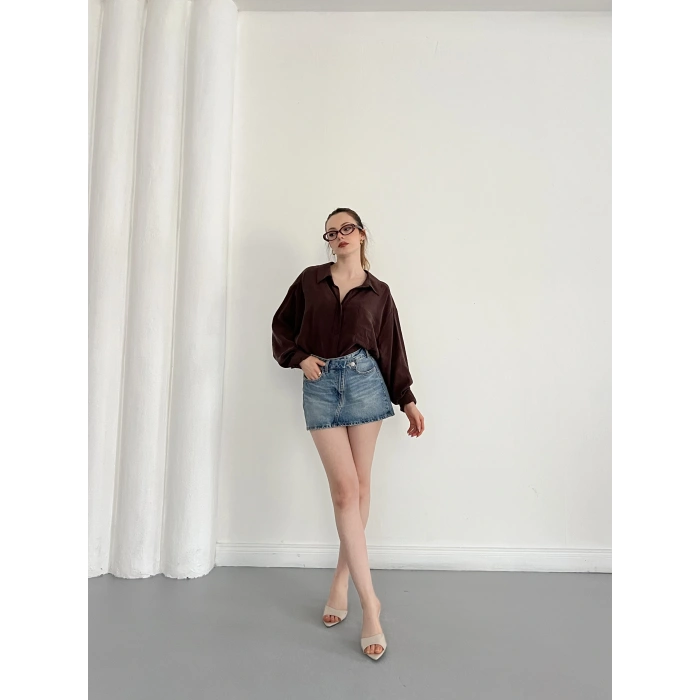 Cep Detaylı Oversize Salaş Crep Gömlek Kahve