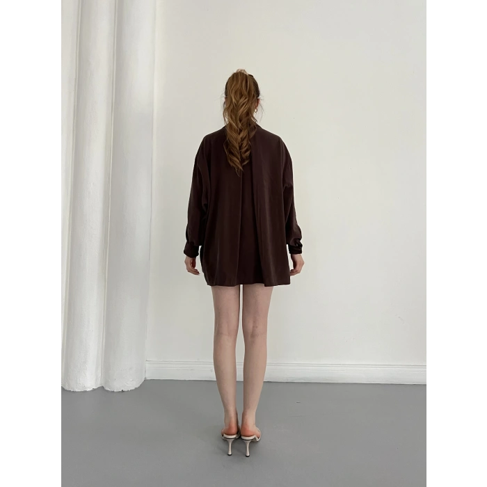 Cep Detaylı Oversize Salaş Crep Gömlek Kahve