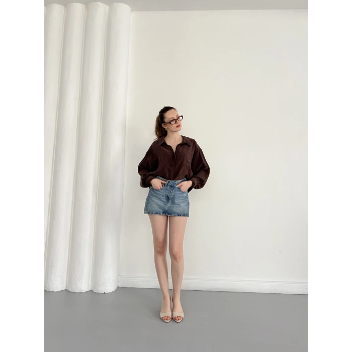 Cep Detaylı Oversize Salaş Crep Gömlek Kahve