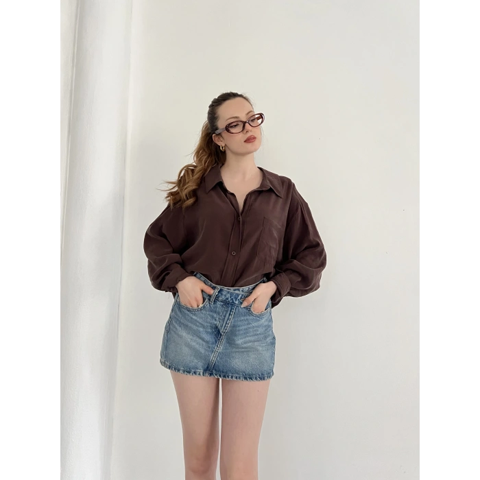 Cep Detaylı Oversize Salaş Crep Gömlek Kahve