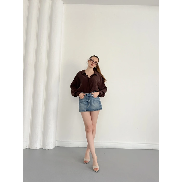 Cep Detaylı Oversize Salaş Crep Gömlek Kahve