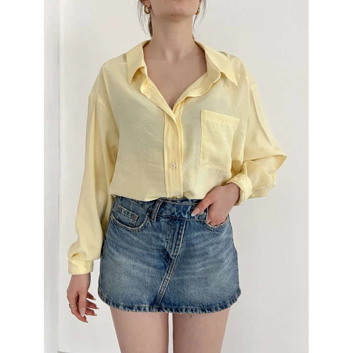 Cep Detaylı Oversize Salaş Crep Gömlek Sarı