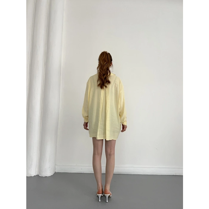 Cep Detaylı Oversize Salaş Crep Gömlek Sarı