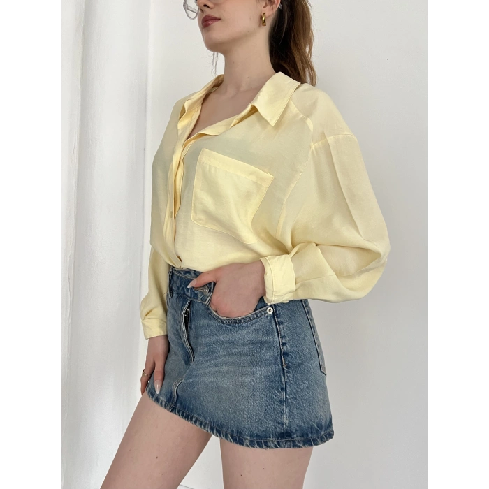 Cep Detaylı Oversize Salaş Crep Gömlek Sarı