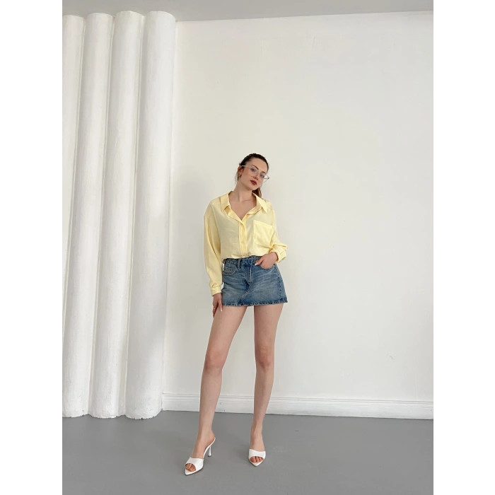 Cep Detaylı Oversize Salaş Crep Gömlek Sarı