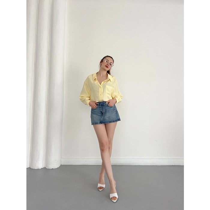Cep Detaylı Oversize Salaş Crep Gömlek Sarı