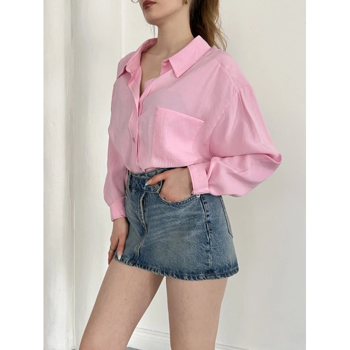 Cep Detaylı Oversize Salaş Crep Gömlek Pembe