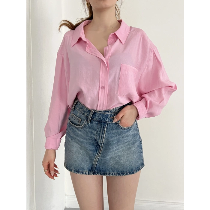 Cep Detaylı Oversize Salaş Crep Gömlek Pembe