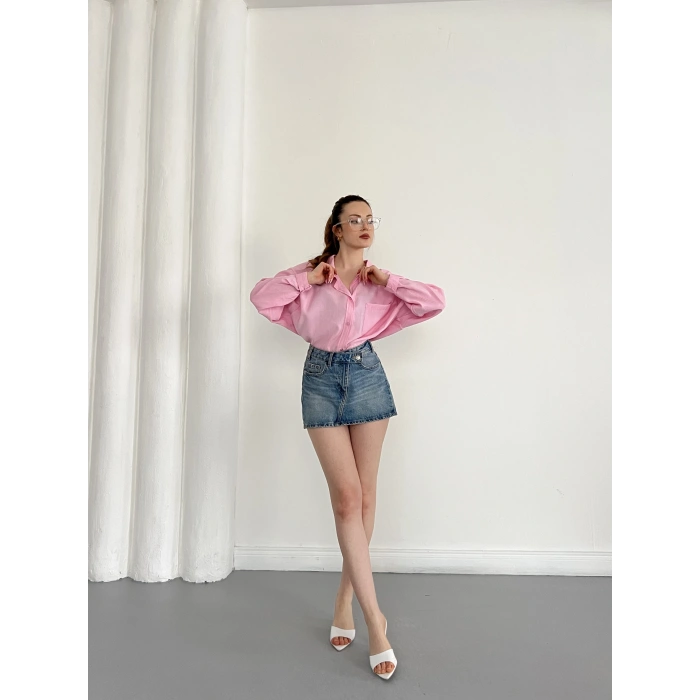 Cep Detaylı Oversize Salaş Crep Gömlek Pembe