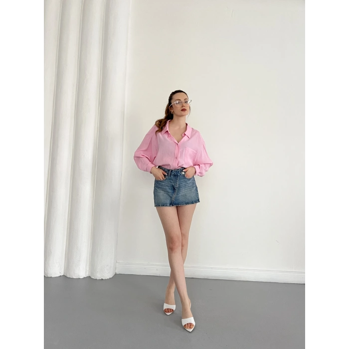 Cep Detaylı Oversize Salaş Crep Gömlek Pembe