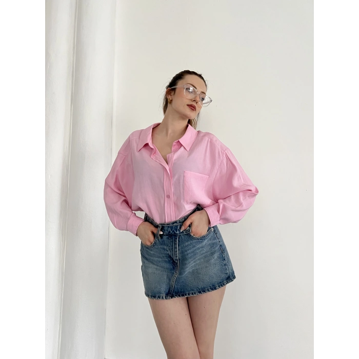 Cep Detaylı Oversize Salaş Crep Gömlek Pembe