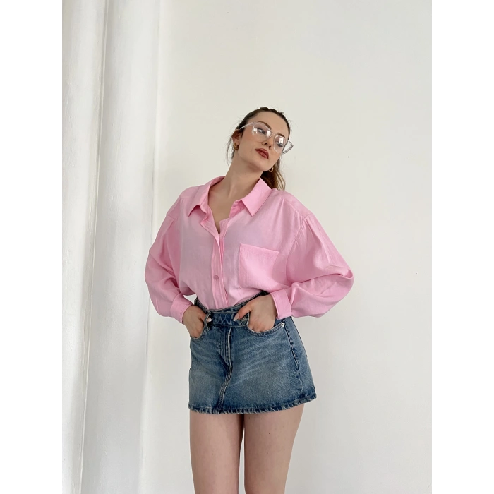 Cep Detaylı Oversize Salaş Crep Gömlek Pembe