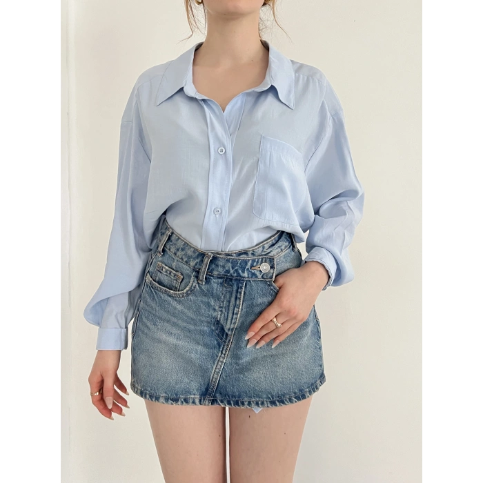 Cep Detaylı Oversize Salaş Crep Gömlek Bebemavisi