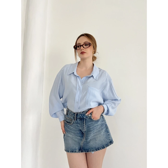 Cep Detaylı Oversize Salaş Crep Gömlek Bebemavisi