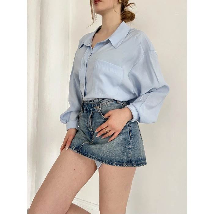 Cep Detaylı Oversize Salaş Crep Gömlek Bebemavisi