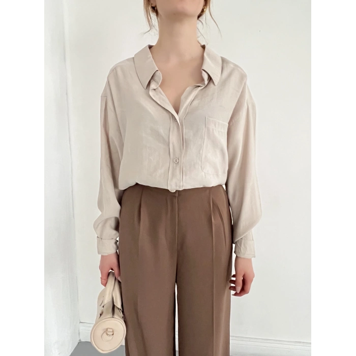 Cep Detaylı Oversize Salaş Crep Gömlek Bej