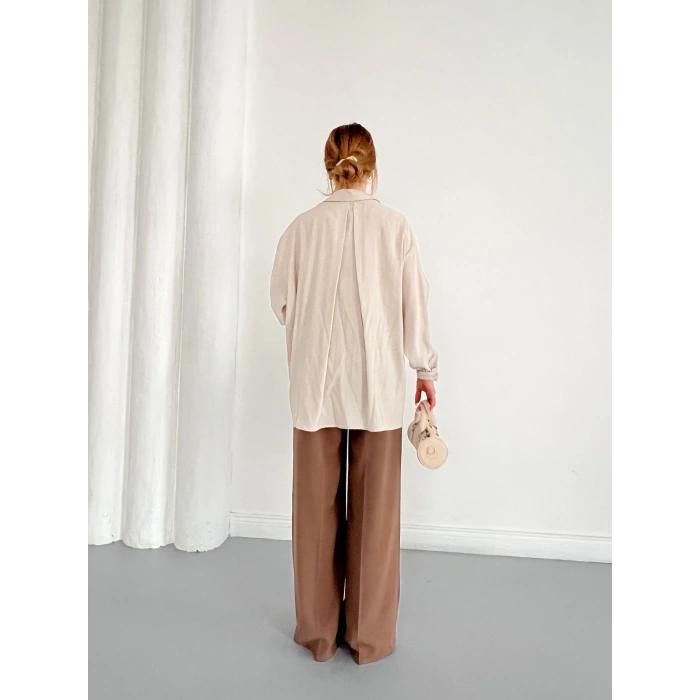 Cep Detaylı Oversize Salaş Crep Gömlek Bej