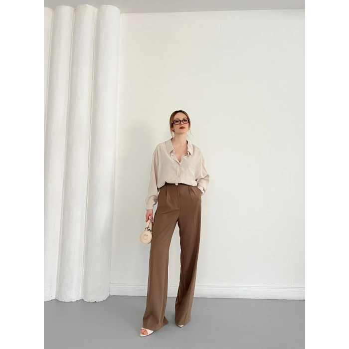 Cep Detaylı Oversize Salaş Crep Gömlek Bej