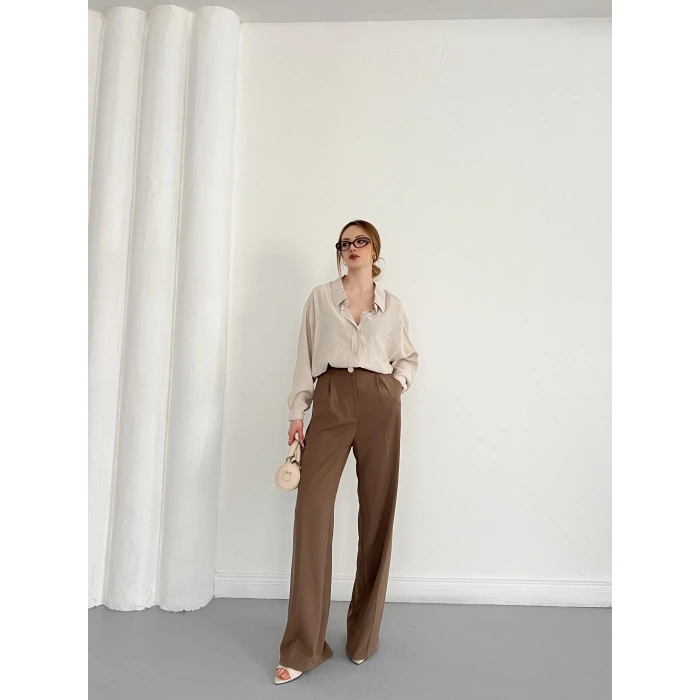 Cep Detaylı Oversize Salaş Crep Gömlek Bej