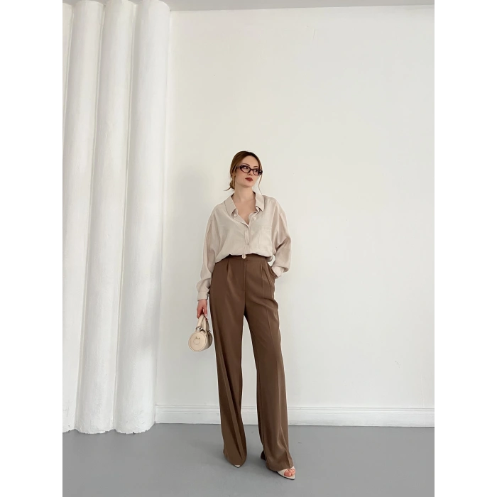 Cep Detaylı Oversize Salaş Crep Gömlek Bej