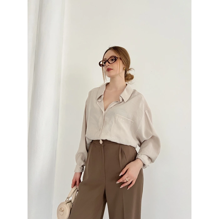 Cep Detaylı Oversize Salaş Crep Gömlek Bej