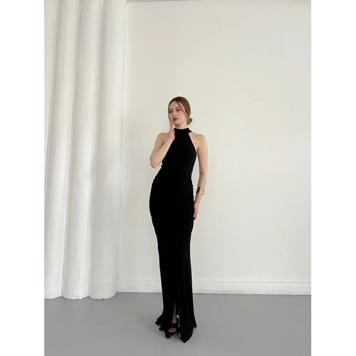 Boyundan Bağlamalı Omuz Detaylı Elbise Siyah