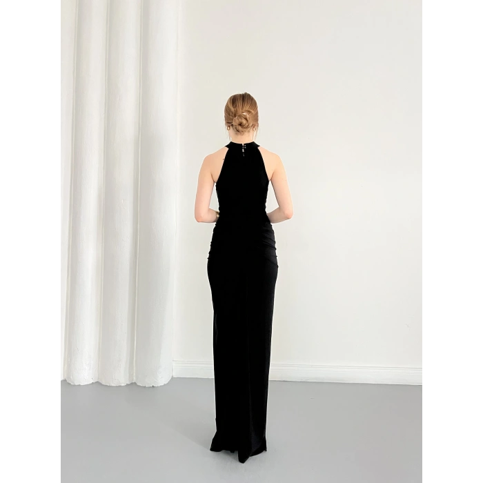 Boyundan Bağlamalı Omuz Detaylı Elbise Siyah