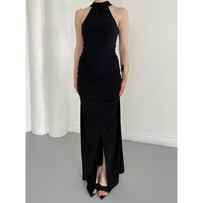 Boyundan Bağlamalı Omuz Detaylı Elbise Siyah