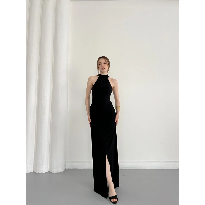 Boyundan Bağlamalı Omuz Detaylı Elbise Siyah