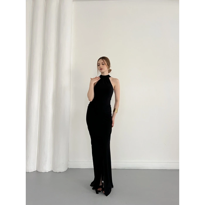 Boyundan Bağlamalı Omuz Detaylı Elbise Siyah