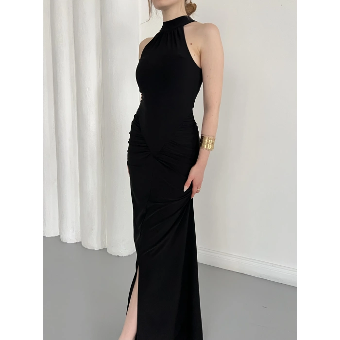 Boyundan Bağlamalı Omuz Detaylı Elbise Siyah