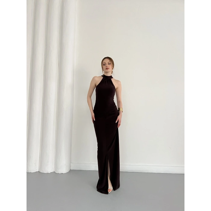 Boyundan Bağlamalı Omuz Detaylı Elbise Kahve